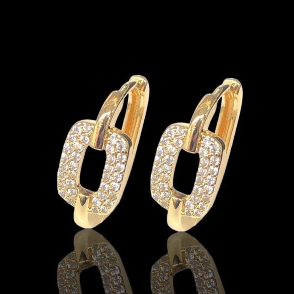 LAMINATED Gold Pave Cubic ZirconiaGeometric Link HuggieHoop Earrings ClearStones